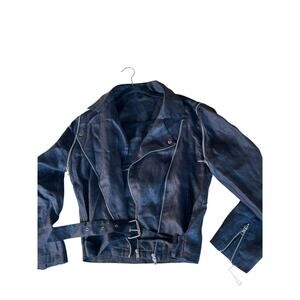Audrey Women's SMALL 100% Linen Moto Jacket W/ Zipper & Belt Black Lagenlook